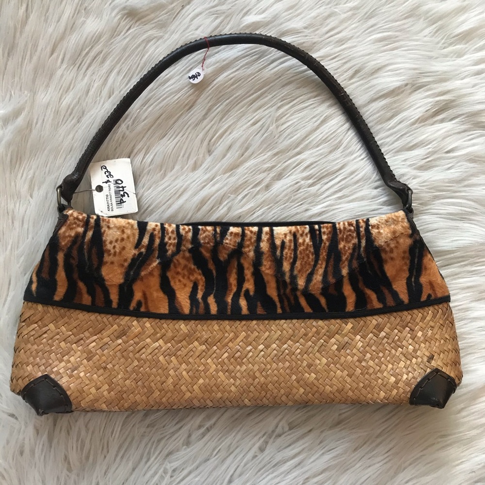Vintage wicker & tiger print handbag
